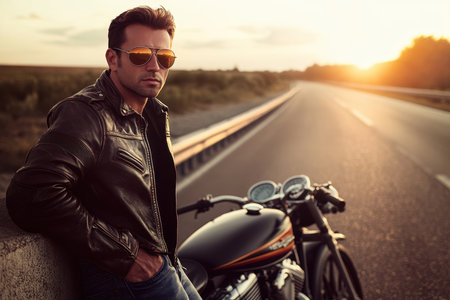 A biker in sunglasses leans against his motorcycle, admiring the sunset on an empty road.の素材