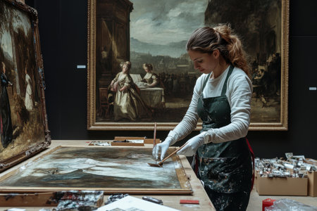 A talented artist carefully restores a historical painting in an art gallery, showcasing her dedication.の素材