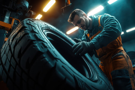 A mechanic inspects a large tire in a dimly lit automotive workshop, focusing intently on his task.の素材