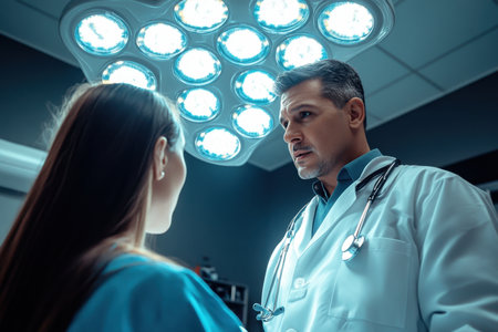 A doctor is engaged in a serious discussion with a patient under bright surgical lights in a clinic.の素材