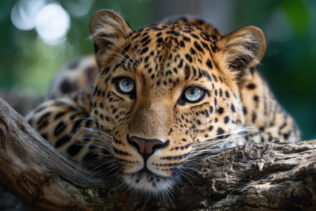 A leopard with striking blue eyes lounges on a branch, showing its spotted fur amidst lush greenery.の素材