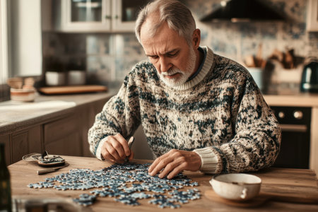 A senior man concentrates on assembling a jigsaw puzzle in his warm kitchen during the afternoon light.の素材