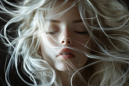 A woman with long, flowing hair closes her eyes, illuminated by soft ambient lighting, creating a serene atmosphere.の素材
