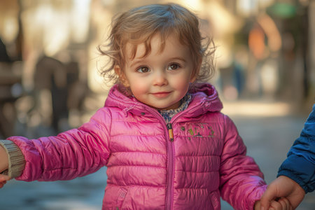 A cheerful young girl in a pink jacket is holding hands with a family member while exploring the city.の素材
