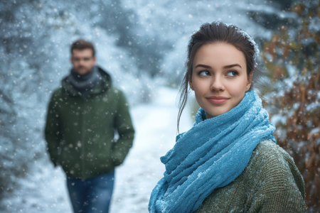 A young woman smiles softly while a man stands in the snowy forest background, creating a cozy winter vibe.の素材