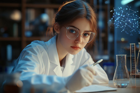 A young scientist examines data and experiments in a laboratory filled with glassware and tools.の素材