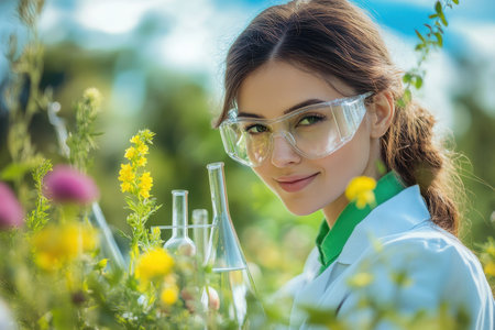 A scientist is happily conducting experiments in a lush garden filled with colorful flowers and greenery.の素材