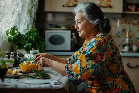 An elderly woman sits at a kitchen table, carefully preparing a fresh meal surrounded by ingredients and sunlight.の素材