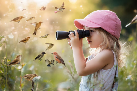 A child wearing a pink cap watches various birds closely using binoculars in a vibrant outdoor setting.の素材