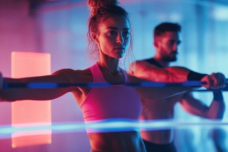 Two individuals engage in strength training with weights in a colorful, dynamic gym setting.の素材