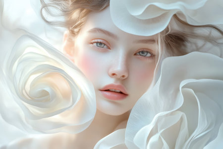 A young woman gazes softly at the viewer, framed by delicate white roses, evoking a calm and ethereal vibe.の素材