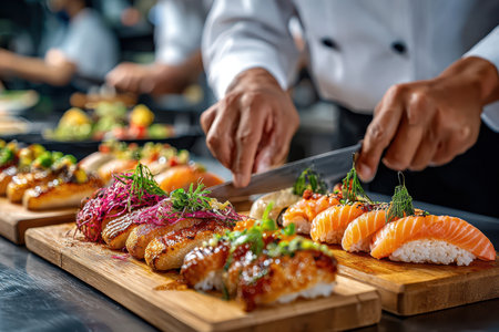 A chef in a white uniform expertly slices sushi on wooden boards in a restaurant kitchenの写真素材