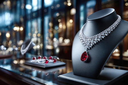 A diamond and ruby necklace displayed on a black mannequin in a jewelry storeの写真素材