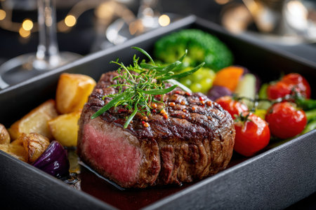 A closeup of a grilled steak with roasted potatoes and vegetablesの写真素材