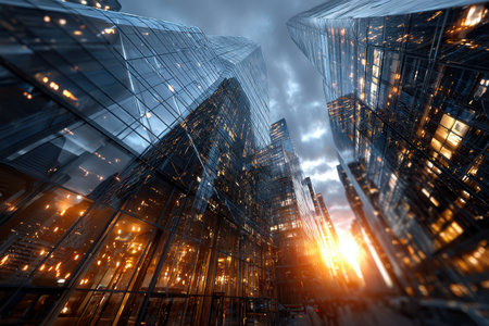 Low angle view of modern glass skyscrapers at sunsetの写真素材