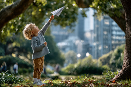 A young child with curly hair is excitedly throwing a paper airplane in a lush city park with modern buildings.の写真素材