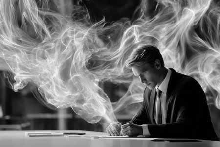 A focused businessman is seated at a table, writing intently as smoke swirls around him, enhancing the ambiance.の写真素材