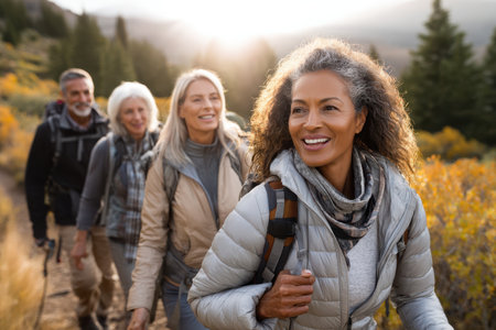 Four friends hike on a mountain trail, surrounded by vibrant foliage and sunlight, enjoying quality time together.の写真素材