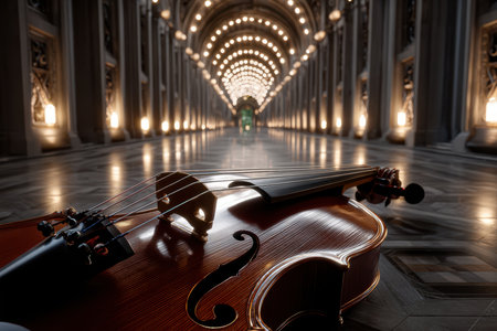 A beautifully crafted cello rests on the floor of a warmly lit, ornate hallway, creating a magical ambiance.の写真素材
