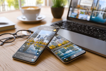 Two smartphones showcase beautiful urban scenery while a laptop, cup of coffee, and notebook complete the workspace.の写真素材