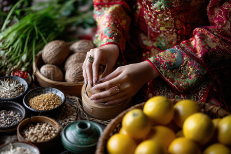 A woman's hands skillfully prepare traditional delicacies using vibrant ingredients and fresh produce.の写真素材