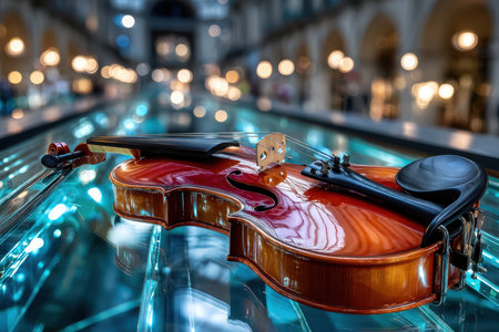 A beautifully crafted violin rests on a glossy surface, illuminated by warm lights in an artistic space at dusk.の写真素材
