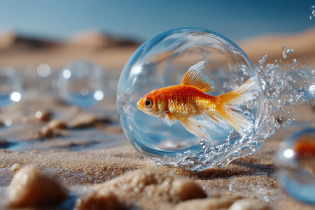 A goldfish leaps out of a bubble filled with water on a sandy beach under a bright blue sky.の写真素材