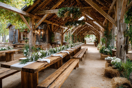 Beautifully arranged tables in a rustic outdoor space adorned with flowers and greenery for a special gathering.の写真素材
