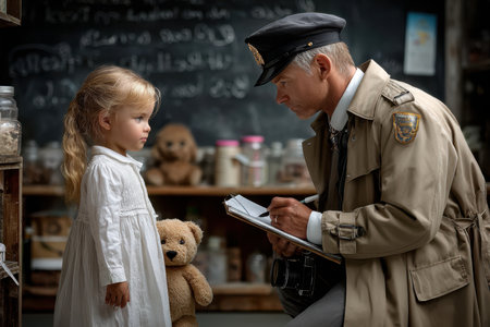 A police officer kneels to talk with a young girl holding a teddy bear in a quaint shop filled with jars.の写真素材