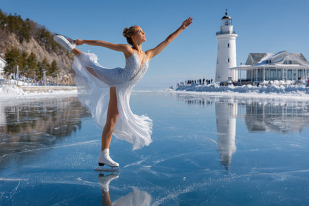 A figure skater gracefully glides on a frozen lake, showingcasing skills near a lighthouse on a sunny day.の写真素材