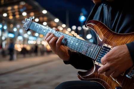 Musician plays electric guitar outdoors at night, surrounded by city lights and people enjoying the atmosphere.の写真素材