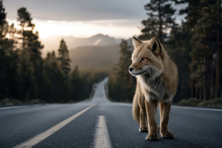 An animal stands on a lonely road, framed by trees and a beautiful sunset.の写真素材