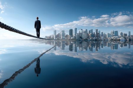 A businessman stands on a thin rope over water, gazing at the reflective city skyline under a blue sky.の写真素材