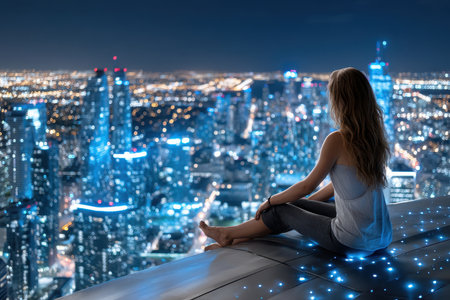 A woman relaxes on a rooftop, gazing at the illuminated skyline of a bustling city at night.の写真素材
