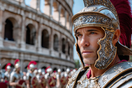 A Roman soldier poses confidently in historical armor outside the Colosseum, exemplifying ancient heritage.の写真素材