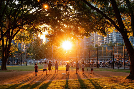 Boys gather in a park to play baseball against the backdrop of a vibrant sunset, surrounded by urban scenery.の写真素材