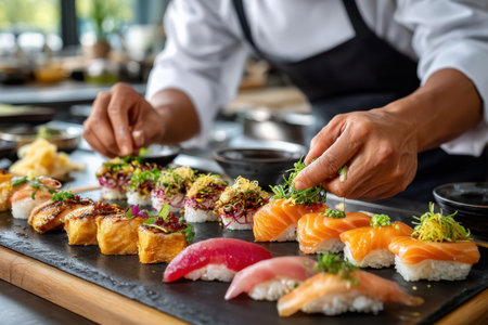 A close-up of a chef's hands preparing sushi, shot under soft, natural light, highlighting the precision and artistry of the craftの写真素材