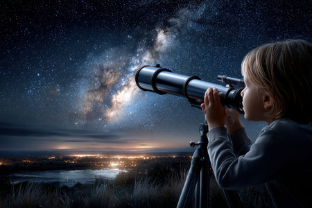 A child gazes intently through a telescope, marveling at stars and the Milky Way above a rural landscape.の写真素材