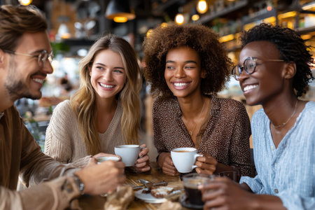 Four friends share laughter and warm drinks at a lively cafe, enjoying each other's company and smiles.の写真素材