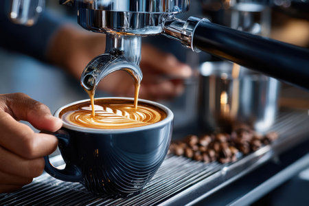 A skilled barista pours espresso into a cup, creating intricate latte art in a vibrant coffee shop.の写真素材