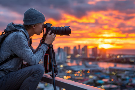 A photographer with a camera poised, focusing on the vibrant sunset illuminating the cityscape below.の写真素材