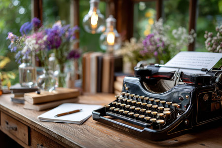 A vintage typewriter sits on a wooden desk with flowers, a notepad, and penの写真素材