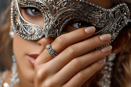 A woman captures attention with a detailed mask and sparkling ring, highlighting mystery and elegance.の写真素材