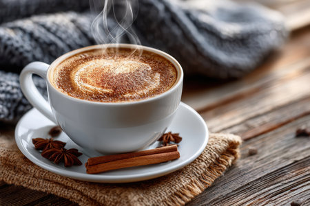A white cup of coffee with spices sits on a rustic wooden surfaceの写真素材