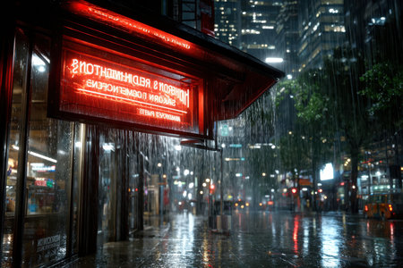 A neon sign flickering in a rain-soaked street, shot at night with a prime lens, encapsulating the melancholy of urban lifeの写真素材