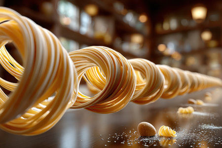 Spiral of pasta levitating above a table with dropped pasta and saltの写真素材