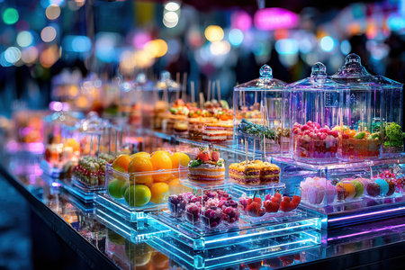 Assortment of colorful desserts and fruits displayed on a brightly lit market stall at nightの写真素材