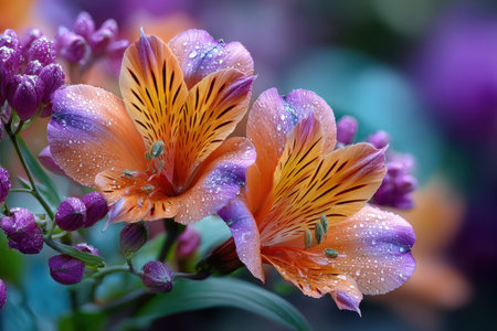 Closeup of vibrant orange and purple flowers with delicate water dropletsの写真素材