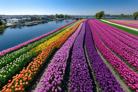 Rows of colorful tulips stretch along a canal with houses and boatsの写真素材