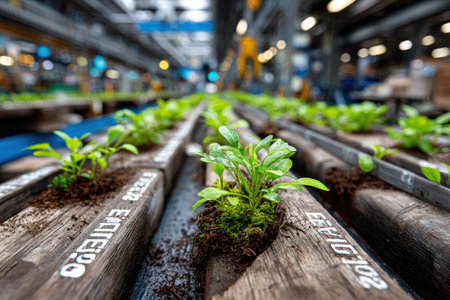 Small green plants grow in a row of wooden troughs inside a greenhouseの写真素材